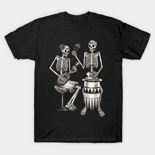 Sugar skull couple lover playing drum and ukulele celebration day of the dead. T-Shirt by Jiewsurreal